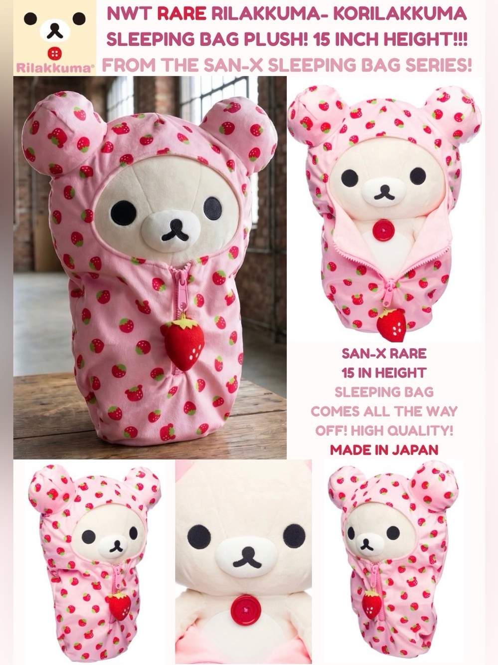 NWT RARE SAN-X RILAKKUMA KORILAKKUMA 15” 🍓 SLEEPING BAG PLUSH! ADORABLE!